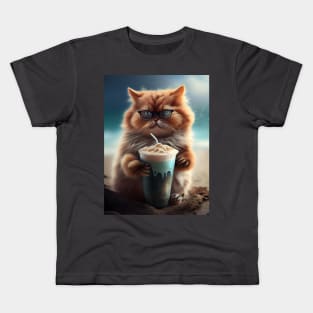 Cute Cat Drinks Coffee at the beach Kids T-Shirt